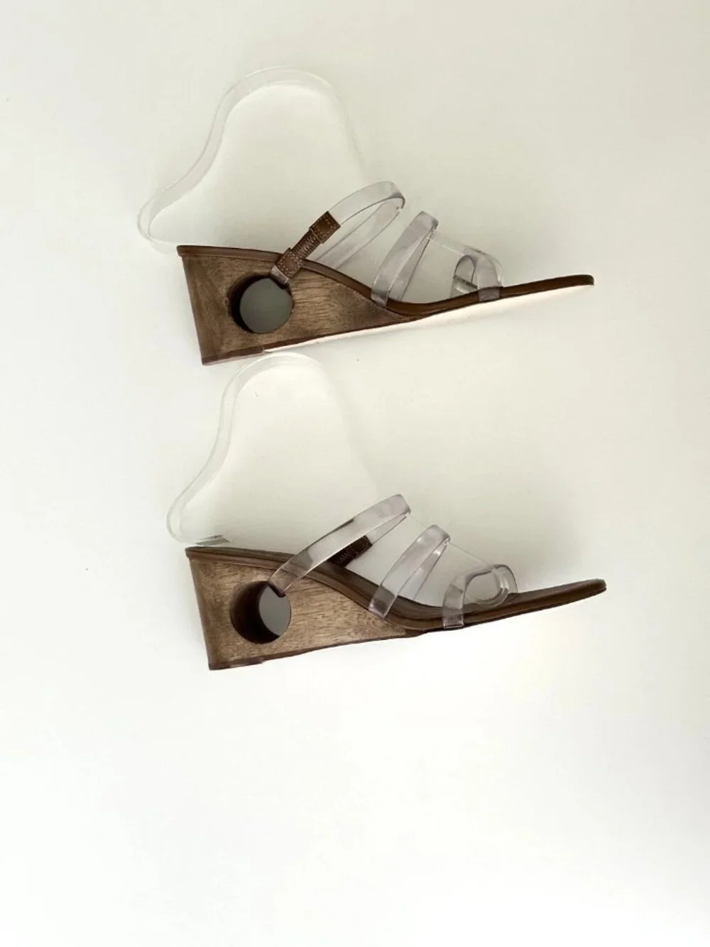 CULT GAIA Merced Strappy PVC Wooden Cutout Wedge Sandals in Clear/Brown Size 38